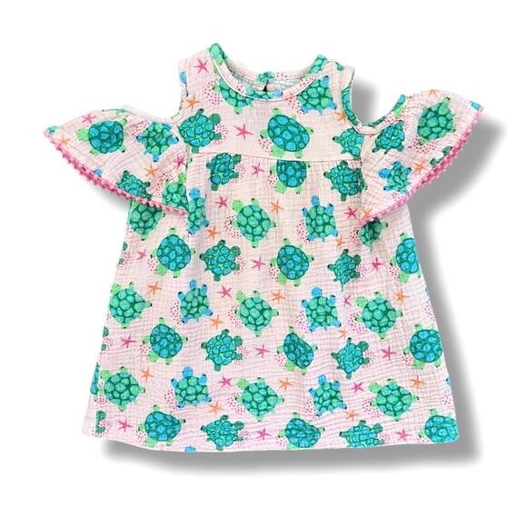 Mud Pie Dress Girls 12-18M Pink Sea Turtle Print Pom Trim Shoulder Cutout - Picture 1 of 10